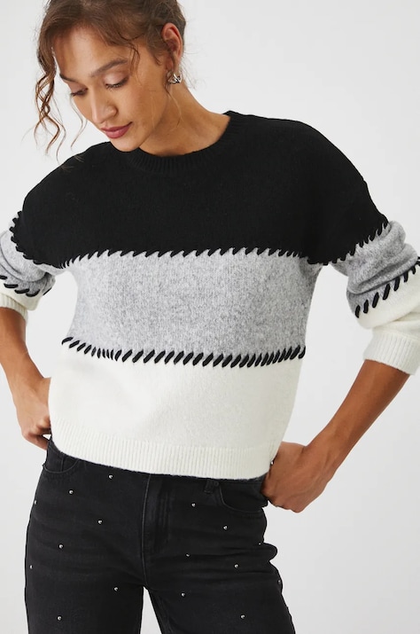 Sweter z domieszką wełny damski z ozdobnymi przeszyciami  kolor multicolor