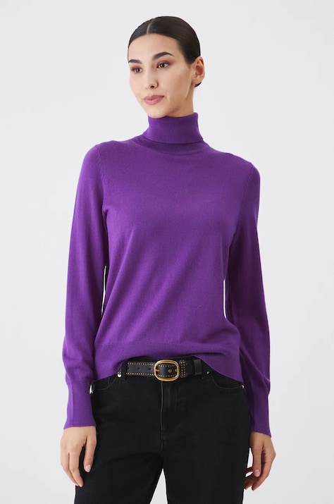 Sweter z wełny merino damski gładki kolor fioletowy