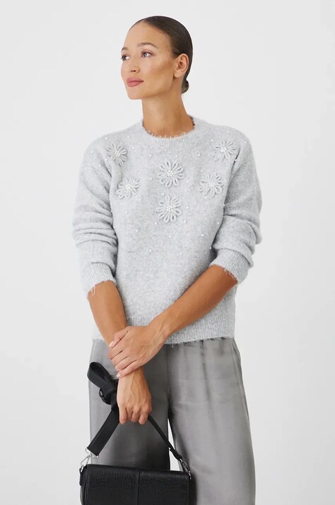 Sweter z domieszką wełny damski z ozdobną aplikacją  kolor szary