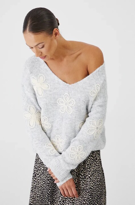 Sweter z domieszką wełny damski z ozdobną aplikacją  kolor szary