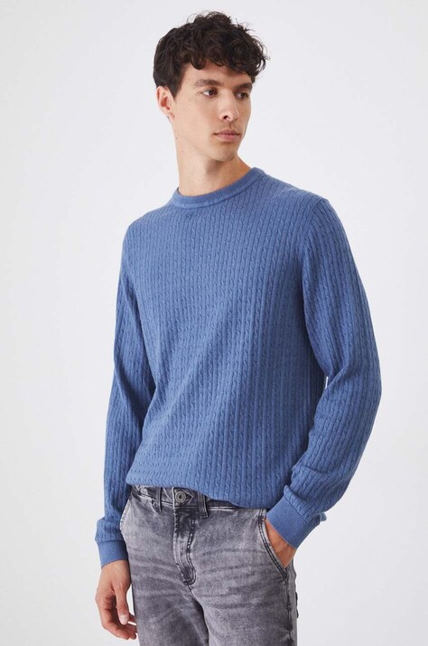 Sweter z domieszką wełny męski z warkoczowym splotem  kolor niebieski