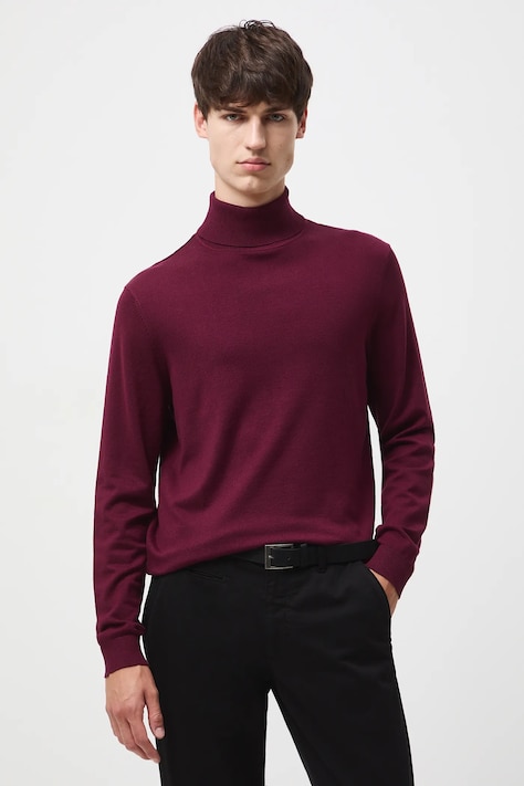 Sweter męski z golfem gładki kolor bordowy