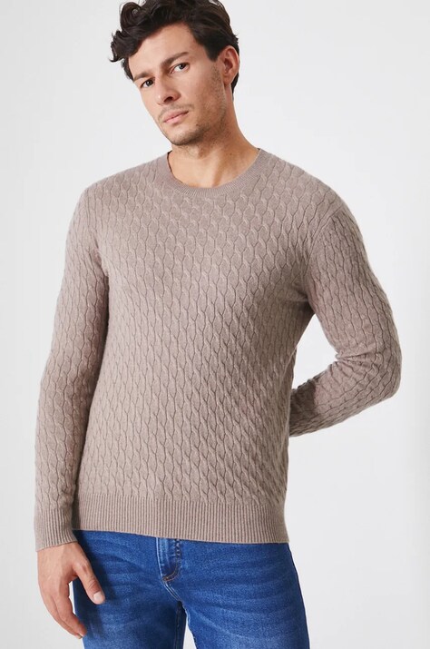 Sweter męski z domieszką wełny merino i kaszmiru  kolor beżowy