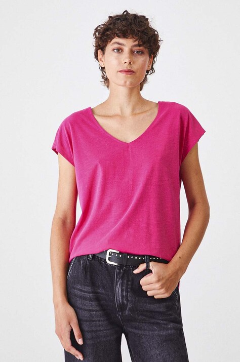 T-shirt bawełniany damski z ozdobnym wycięciem kolor różowy
