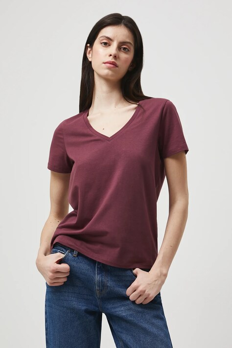 T-shirt bawełniany damski z elastanem gładki kolor fioletowy