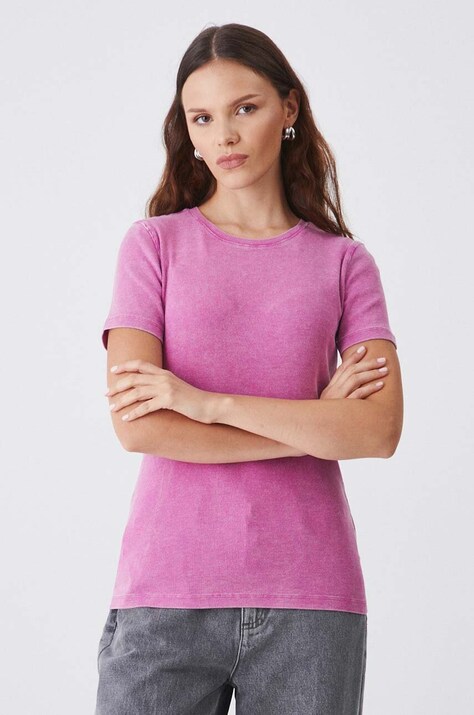 T-shirt bawełniany damski z domieszką elastanu prążkowany kolor fioletowy