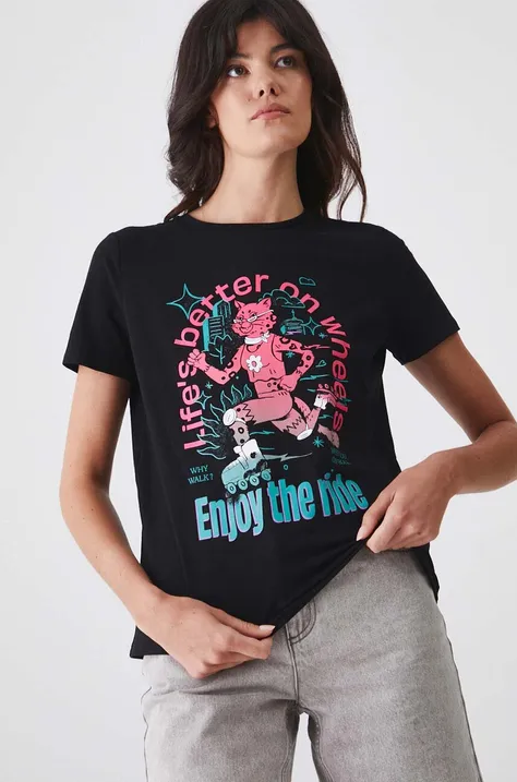 T-shirt bawełniany damski z domieszką elastanu z nadrukiem  czarny