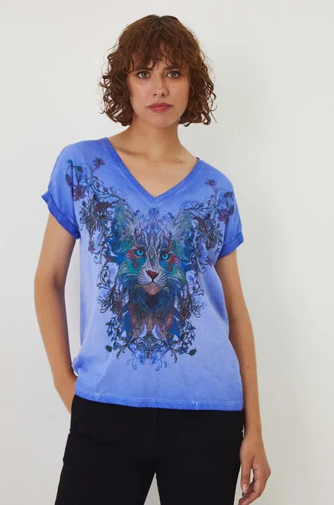 T-shirt bawełniany damski z nadrukiem kolor niebieski