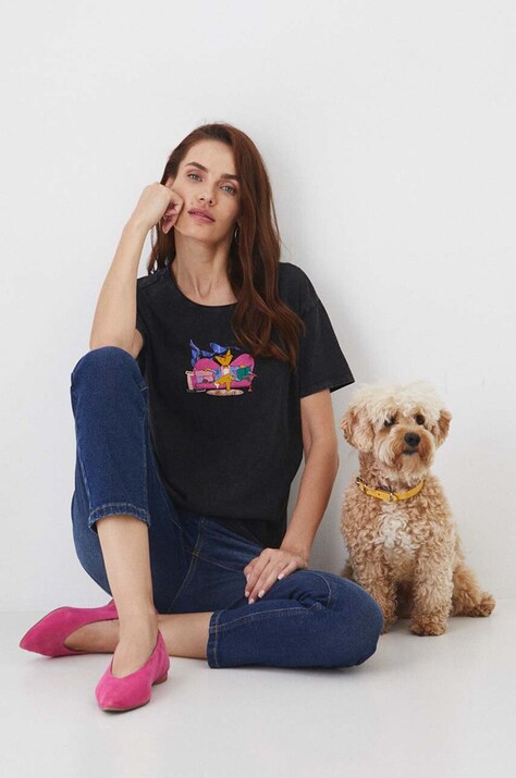 T-shirt bawełniany damski z nadrukiem z kolekcji na Dzień Psa kolor czarny