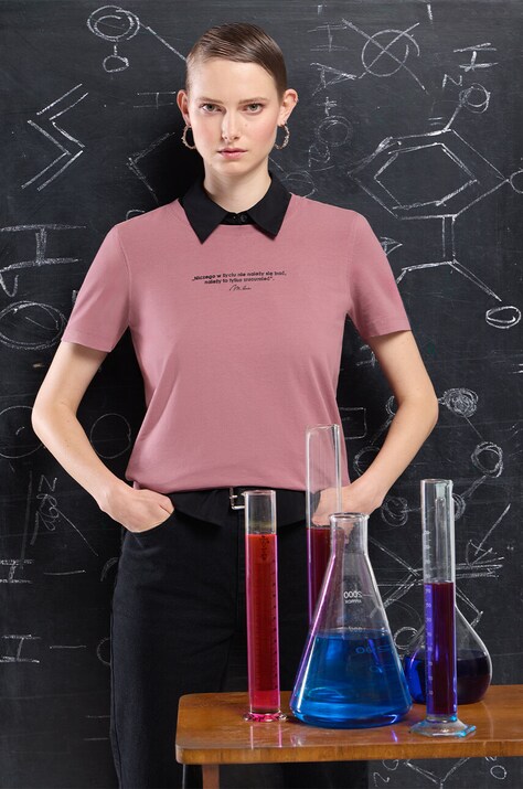 T-shirt bawełniany damski z domieszką elastanu z kolekcji Science  kolor różowy