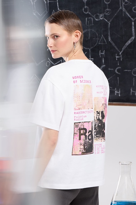 T-shirt bawełniany damski z kolekcji Science by Peter Smolka interlock kolor biały