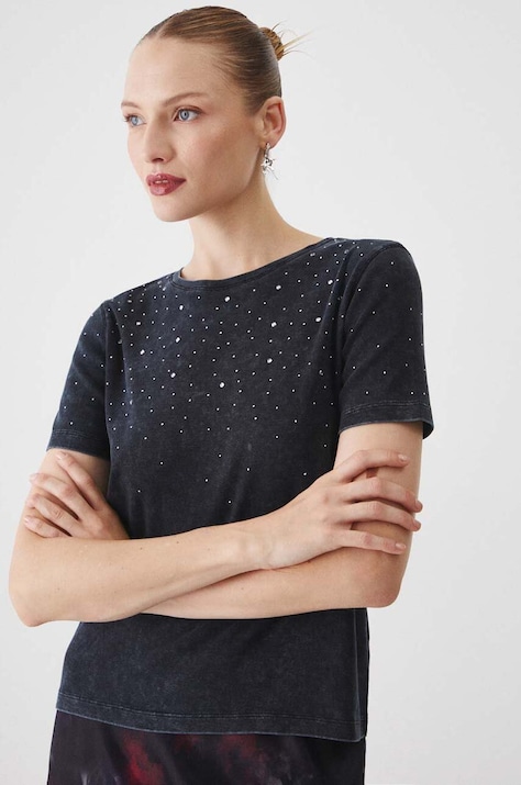 T-shirt bawełniany damski z ozdobną aplikacją  kolor czarny