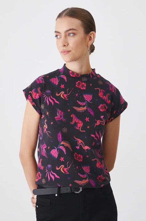 T-shirt bawełniany damski z domieszką elastanu wzorzysty  kolor multicolor
