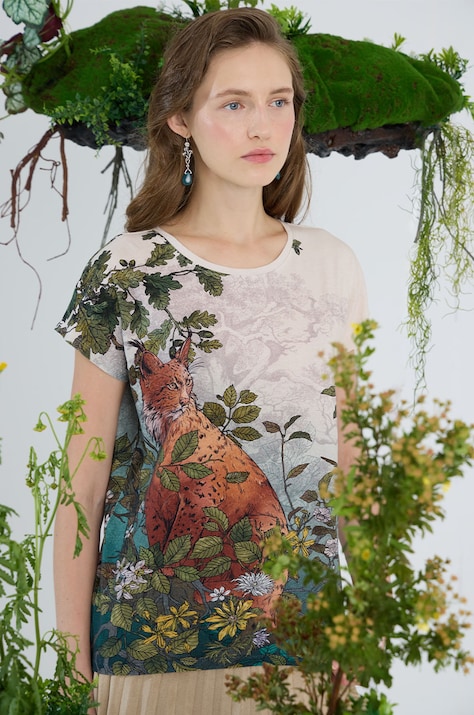 T-shirt bawełniany damski z kolekcji Together For Nature  kolor beżowy