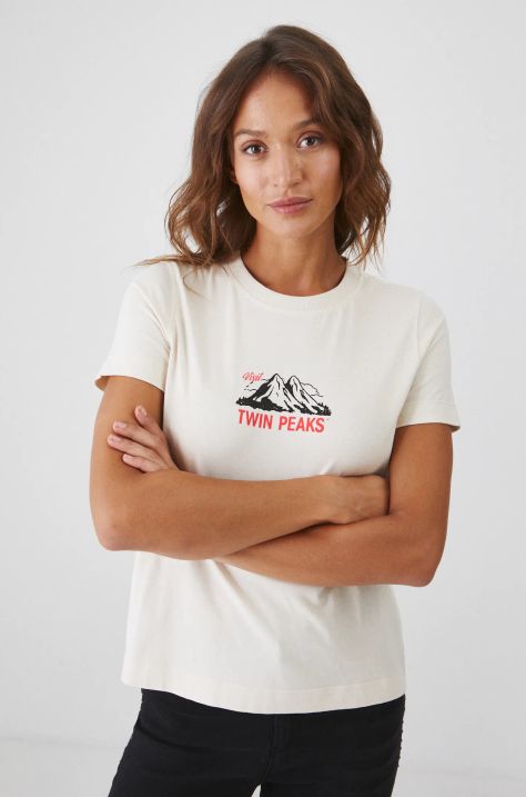 T-shirt bawełniany damski Twin Peaks kolor beżowy