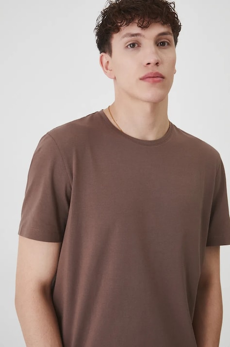 T-shirt bawełniany męski z domieszką elastanu gładki kolor brązowy