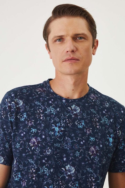 T-shirt bawełniany męski z domieszką elastanu wzorzysty kolor granatowy