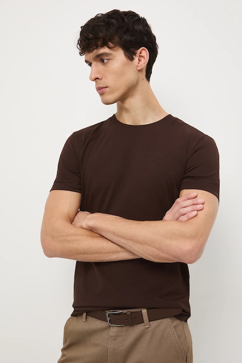 T-shirt bawełniany męski z elastanem gładki kolor brązowy