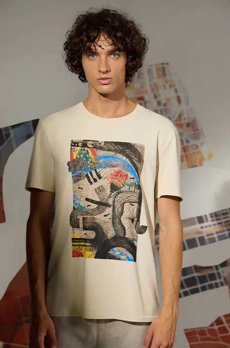Bavlněné tričko pánské s příměsí elastanu z kolekce Kouzlo míst béžová barva