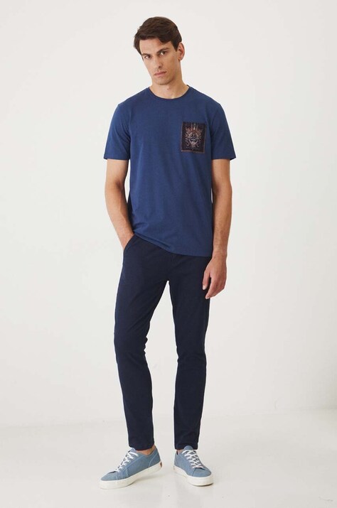 T-shirt bawełniany męski z domieszką elastanu z nadrukiem kolor granatowy