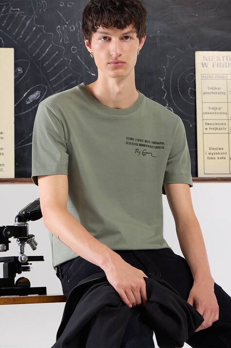 T-shirt bawełniany męski z domieszką elastanu z kolekcji Science kolor zielony