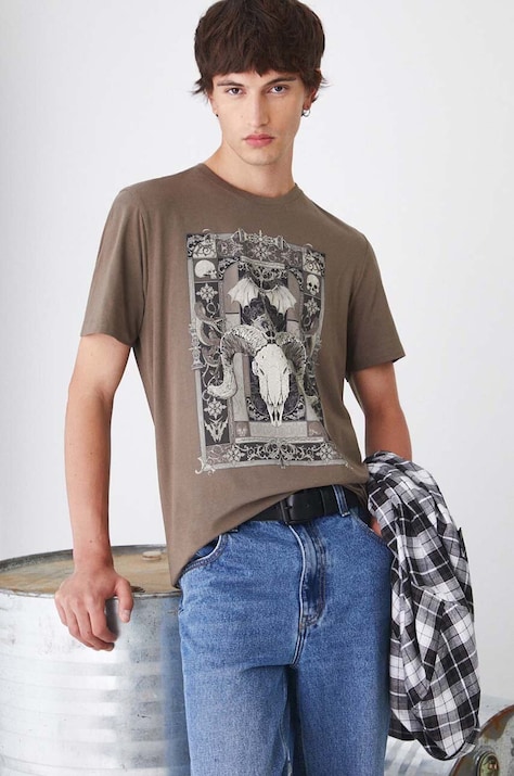 T-shirt bawełniany męski z domieszką elastanu z nadrukiem kolor zielony