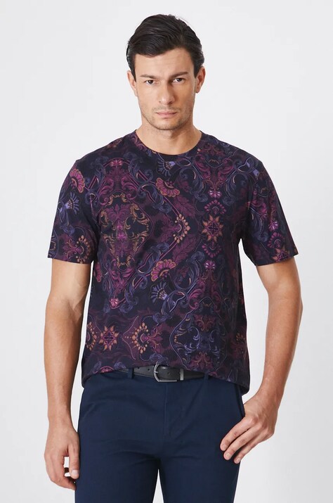 T-shirt bawełniany męski z domieszką elastanu wzorzysty kolor fioletowy