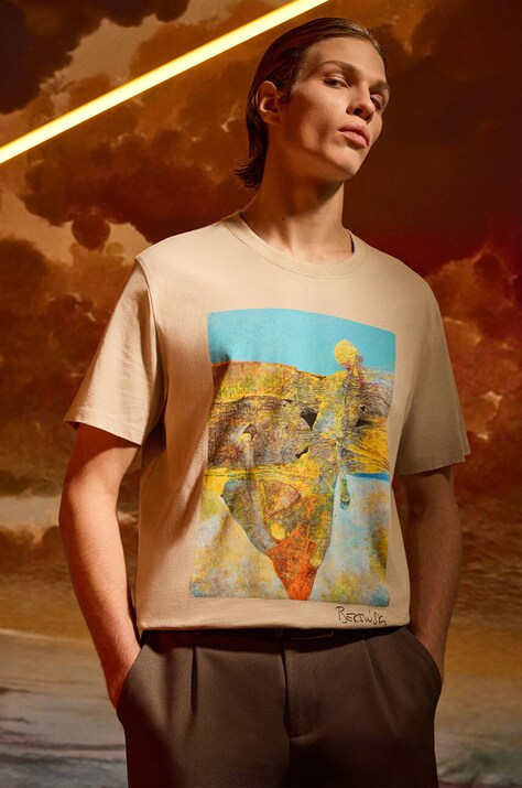 T-shirt bawełniany męski z kolekcji Zdzisław Beksiński x Medicine  kolor beżowy