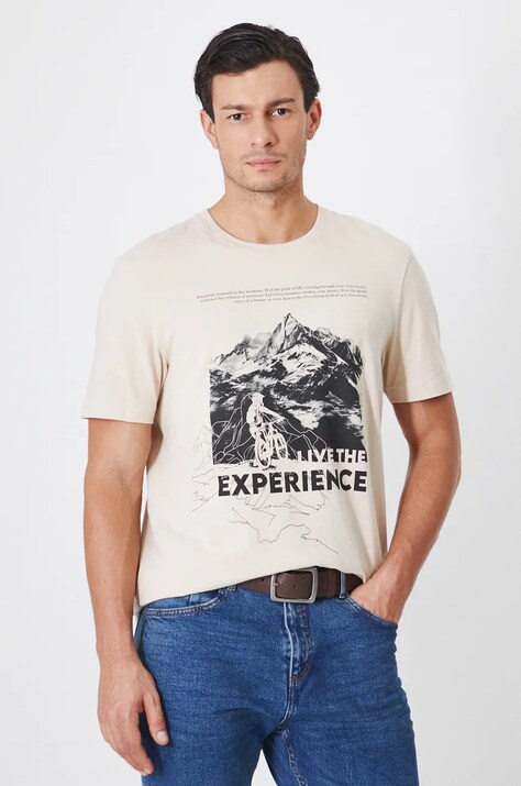 T-shirt bawełniany męski z domieszką elastanu z motywem górskim kolor beżowy