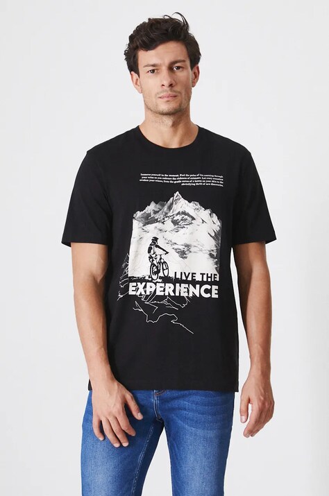 T-shirt bawełniany męski z domieszką elastanu z motywem górskim kolor czarny