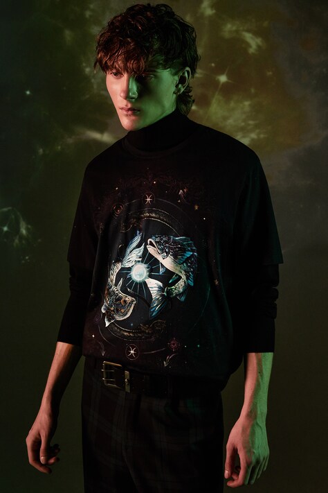 T-shirt bawełniany męski z kolekcji Zodiak - Ryby kolor granatowy