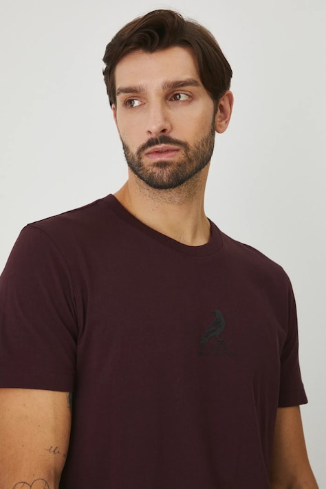 T-shirt bawełniany męski z domieszką elastanu z nadrukiem kolor bordowy