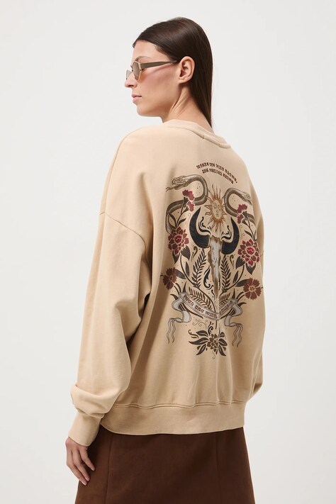 Bluza bawełniana damska z nadrukiem i haftem kolor beżowy RW25-BLD401