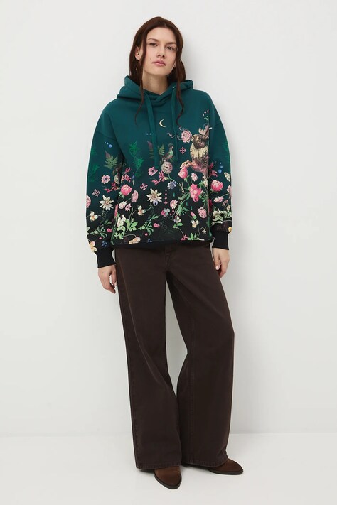 Medicine bluza damska kolor zielony z kapturem wzorzysta