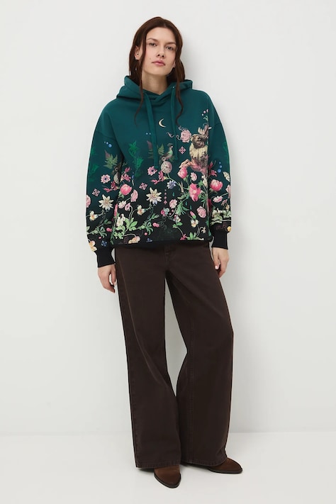 Medicine bluza damska kolor zielony z kapturem wzorzysta