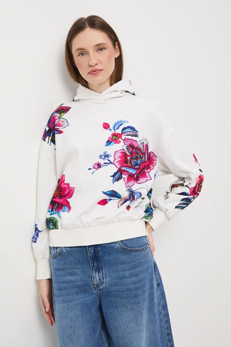 Medicine bluza bawełniana damska kolor beżowy z kapturem wzorzysta