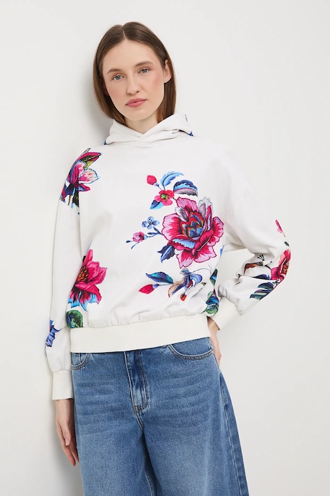 Medicine bluza bawełniana damska kolor beżowy z kapturem wzorzysta