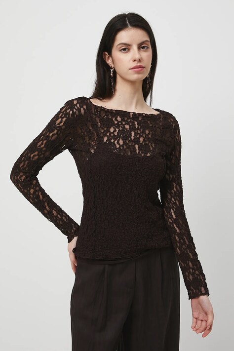 Longsleeve damski koronkowy kolor brązowy RW25-BUD304