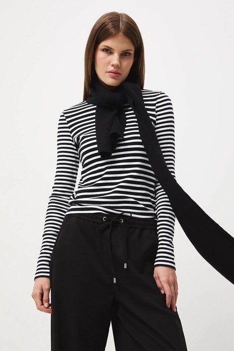 Longsleeve bawełniany damski z elastanem w pasy kolor czarny RW25-BUD602