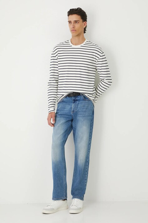 Longsleeve bawełniany męski interlock w pasy kolor beżowy RW25-BUM010