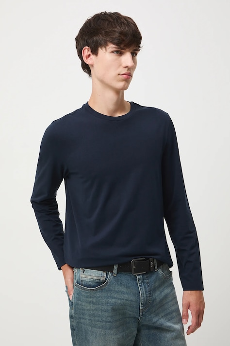 Longsleeve bawełniany męski z elastanem gładki kolor granatowy RW25-BUM041