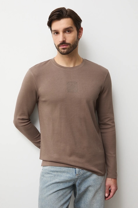 Longsleeve męski interlock z nadrukiem kolor brązowy RW25-BUMB01