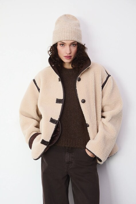 Czapka z domieszką wełny damska beanie kolor beżowy RW25-CDD071