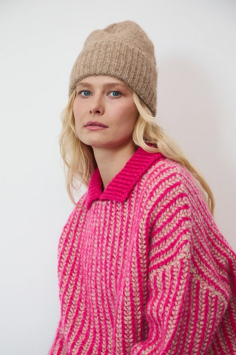 Czapka z domieszką wełny damska beanie kolor beżowy RW25-CDD071