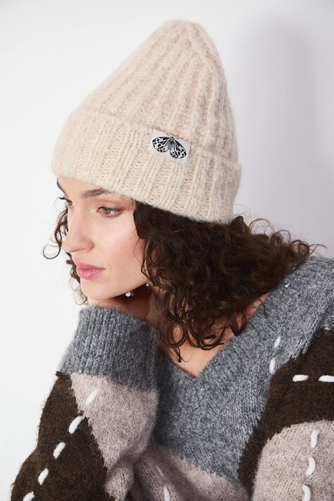 Czapka damska beanie z domieszką wełny kolor beżowy RW25-CDD702
