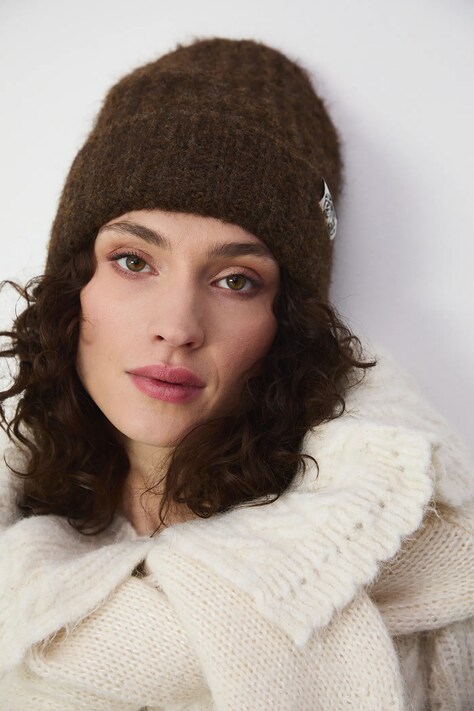 Czapka damska beanie z domieszką wełny kolor brązowy RW25-CDD702