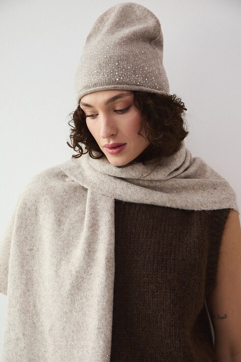 Czapka damska z domieszką wełny z kryształkami kolor beżowy RW25-CDD703