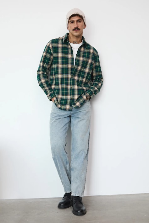 Koszula bawełniana męska z kołnierzykiem klasycznym w kratę kolor zielony RW25-KDMB19