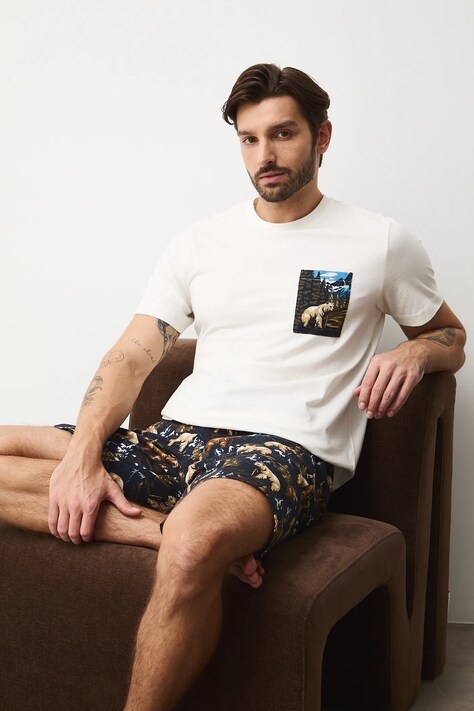 Medicine piżama bawełniana męska kolor beżowy wzorzysta