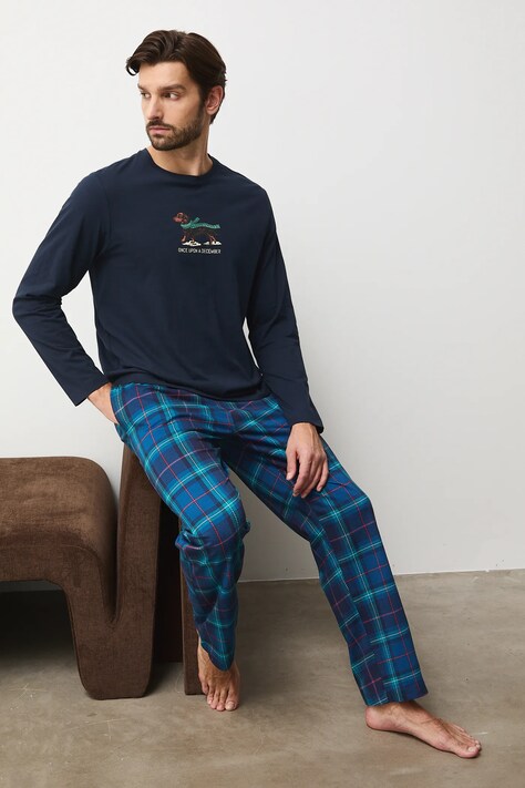 Medicine piżama bawełniana męska kolor granatowy wzorzysta